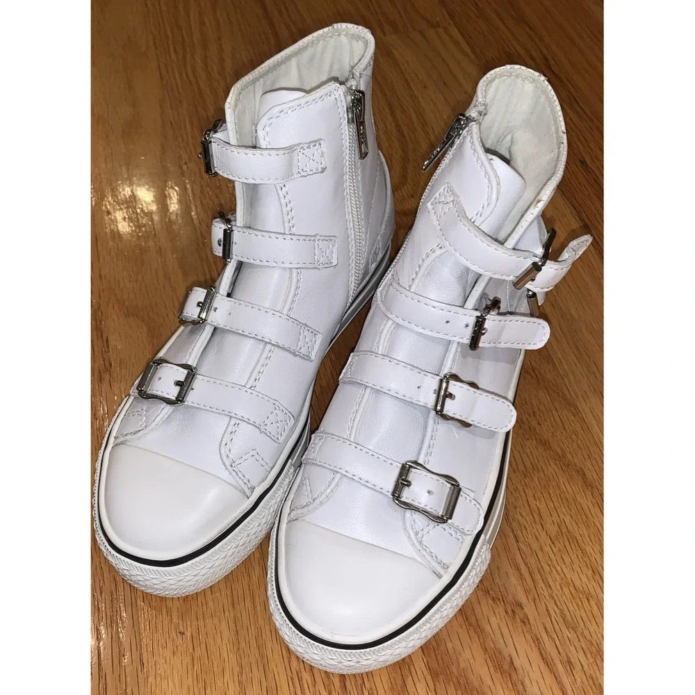 ASH Women's Leather High Top Sneakers Multi-Buckle Side Zip White Sz EU 35 US 5 - Picture 1 of 8